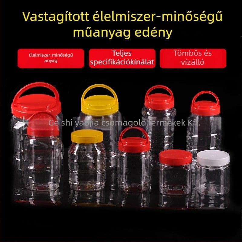 Üres széles nyakú PET műanyag tárolóedény műanyag fedővel élelmiszertároláshoz