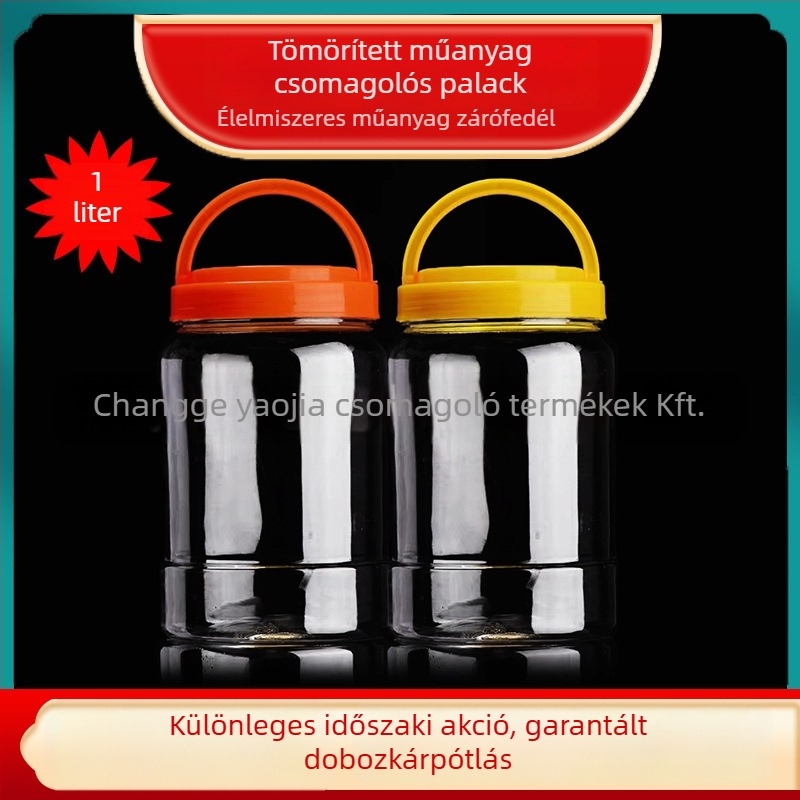 Üres széles nyakú PET műanyag tárolóedény műanyag fedővel élelmiszertároláshoz