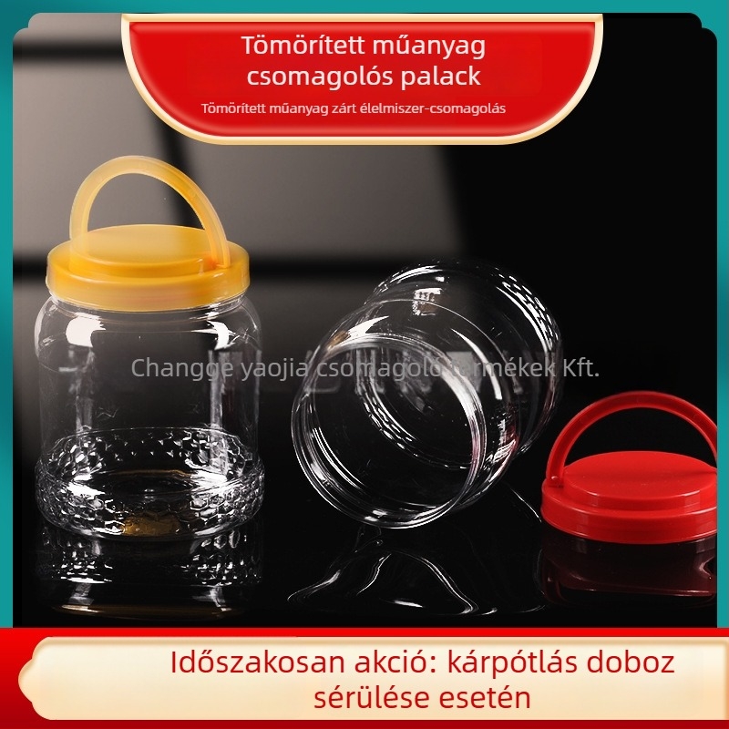 Üres széles nyakú PET műanyag tárolóedény műanyag fedővel élelmiszertároláshoz