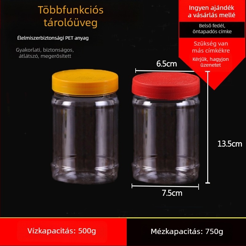 Üres széles nyakú PET műanyag tárolóedény műanyag fedővel élelmiszertároláshoz