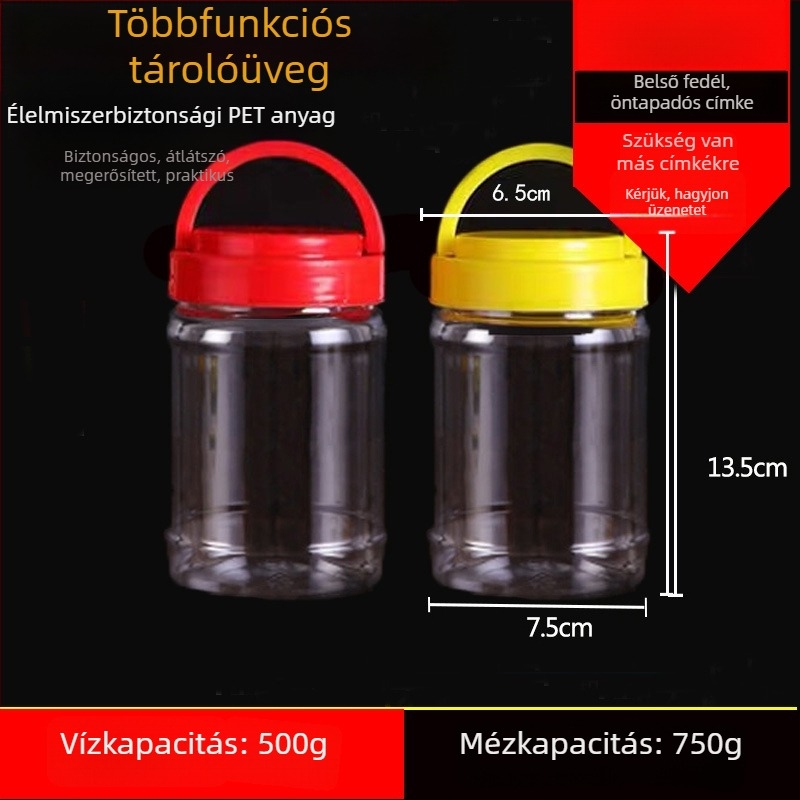 Üres széles nyakú PET műanyag tárolóedény műanyag fedővel élelmiszertároláshoz