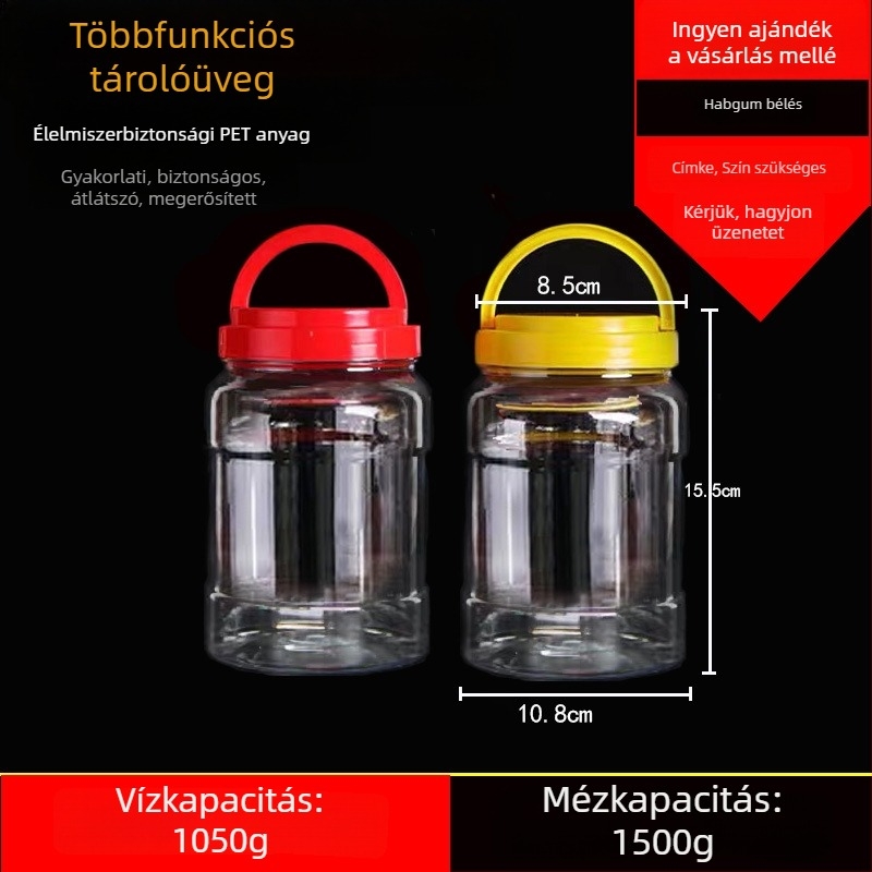 Üres széles nyakú PET műanyag tárolóedény műanyag fedővel élelmiszertároláshoz