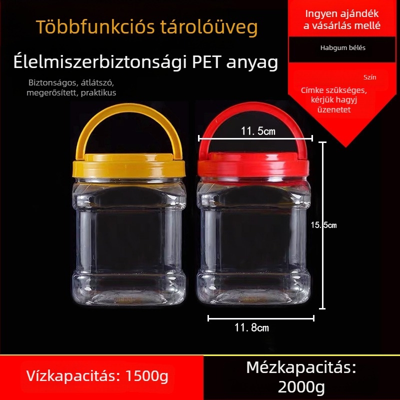 Üres széles nyakú PET műanyag tárolóedény műanyag fedővel élelmiszertároláshoz