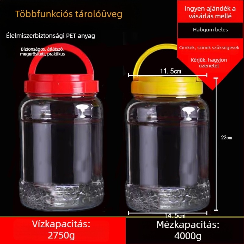 Üres széles nyakú PET műanyag tárolóedény műanyag fedővel élelmiszertároláshoz