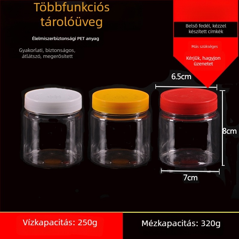 Üres széles nyakú PET műanyag tárolóedény műanyag fedővel élelmiszertároláshoz