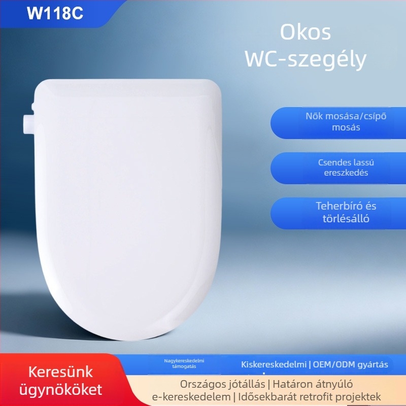 Okos vécéfedél W118C popó- és női tisztító funkciókkal, egyszerű telepítés, szifon típusú öblítés, vízhozam 500-700 ml/perc, anyag PP lemez