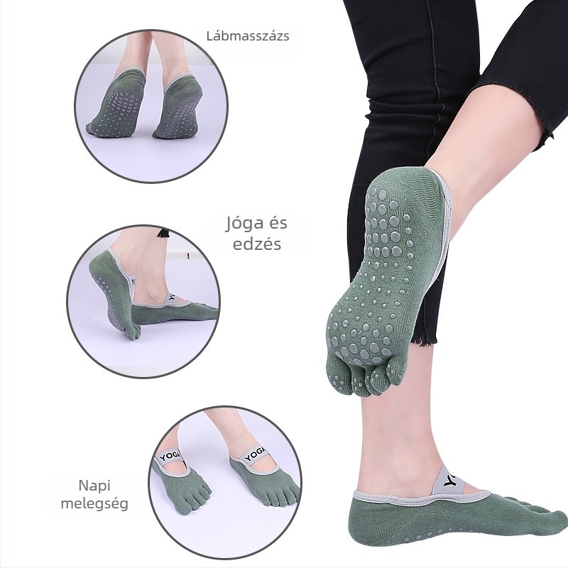 Ötujjú jóga zokni, csúszásmentes, nedvszívó, dörzsölés elleni, pamut-szilikon-polyészter keverék, uniszex