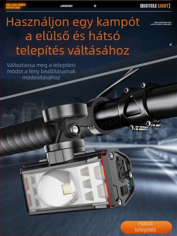 PAGAO Hegyi kerékpár elsőfényszóró alumínium ötvözetből – nagy fényerő, újratölthető USB-C, 5200mAh, rögzítés akasztással, terephez