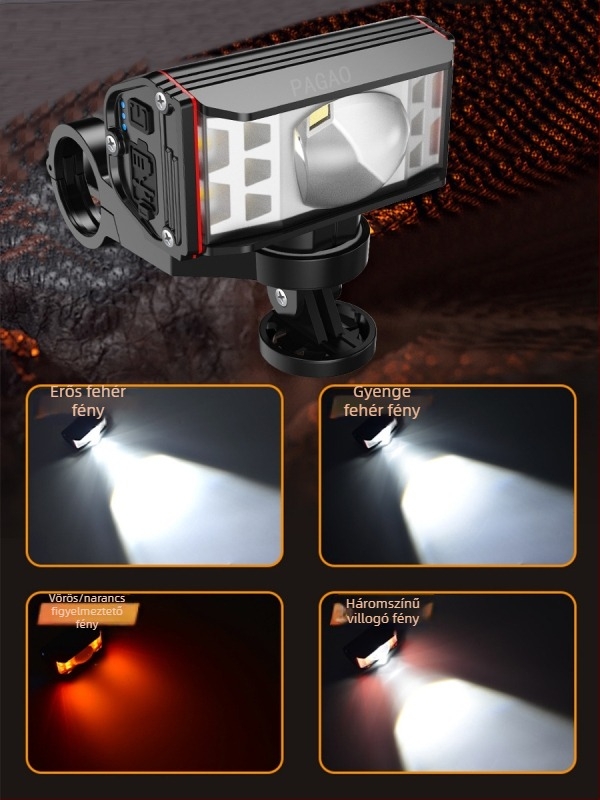 PAGAO Hegyi kerékpár elsőfényszóró alumínium ötvözetből – nagy fényerő, újratölthető USB-C, 5200mAh, rögzítés akasztással, terephez