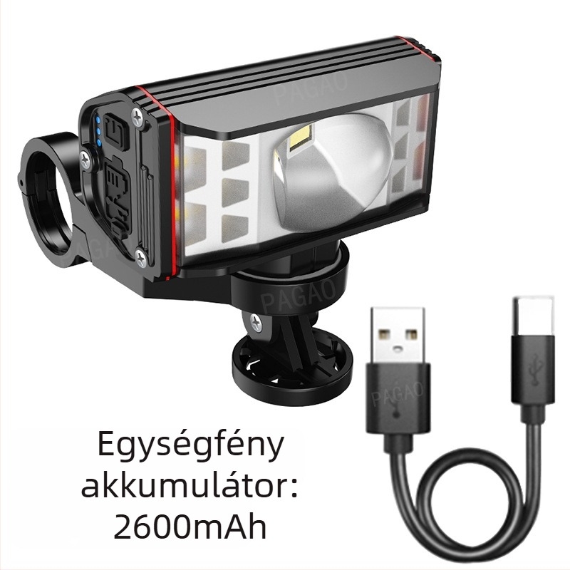 PAGAO Hegyi kerékpár elsőfényszóró alumínium ötvözetből – nagy fényerő, újratölthető USB-C, 5200mAh, rögzítés akasztással, terephez
