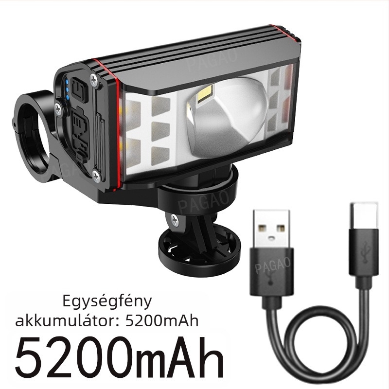 PAGAO Hegyi kerékpár elsőfényszóró alumínium ötvözetből – nagy fényerő, újratölthető USB-C, 5200mAh, rögzítés akasztással, terephez
