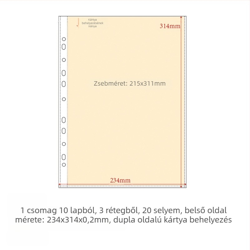 PP belső oldalú kártyaalbum töltete, 10 lap, testreszabható lyukak, logónyomás engedélyezett