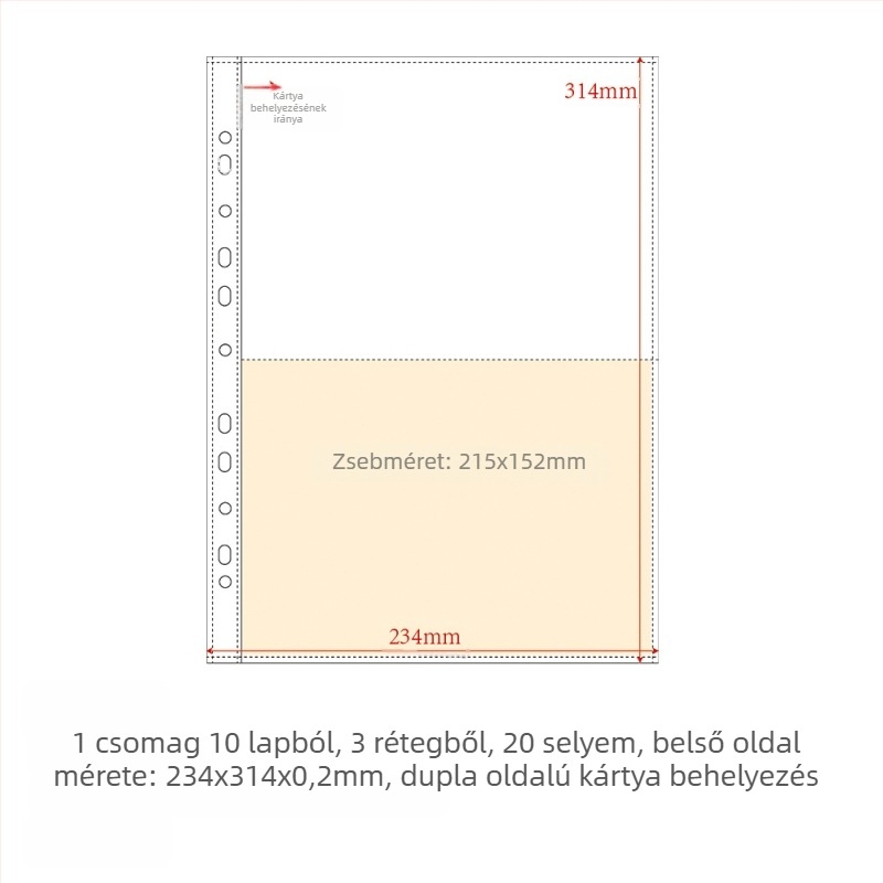 PP belső oldalú kártyaalbum töltete, 10 lap, testreszabható lyukak, logónyomás engedélyezett
