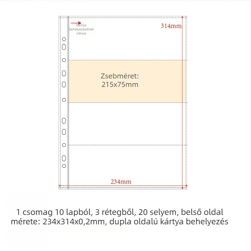 PP belső oldalú kártyaalbum töltete, 10 lap, testreszabható lyukak, logónyomás engedélyezett