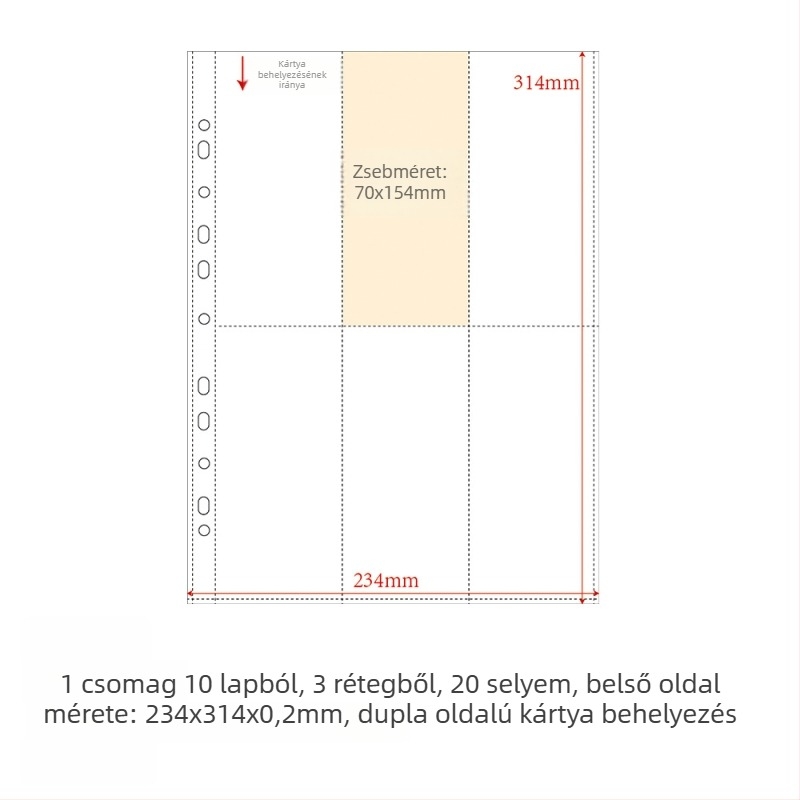 PP belső oldalú kártyaalbum töltete, 10 lap, testreszabható lyukak, logónyomás engedélyezett