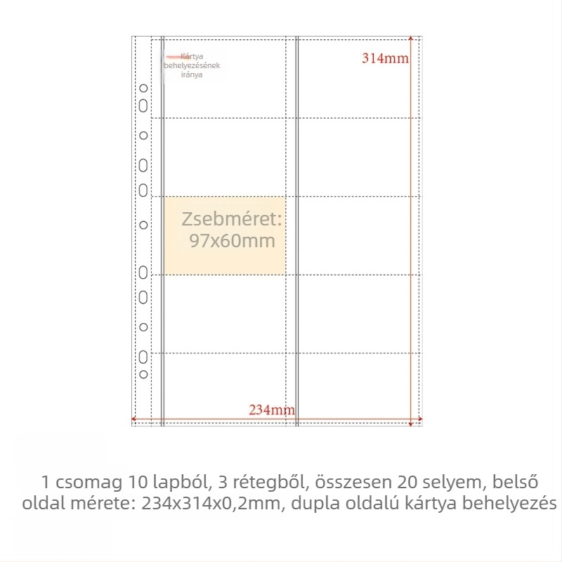PP belső oldalú kártyaalbum töltete, 10 lap, testreszabható lyukak, logónyomás engedélyezett