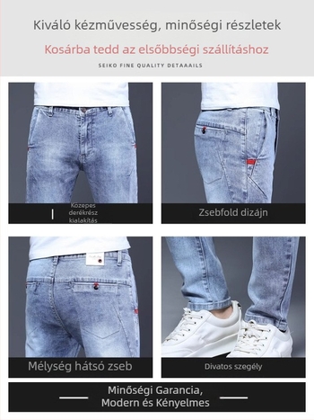 Férfi stretch farmernadrág, középtalpú derekú, egyenes szárú, gombos zárás, 3D varrás