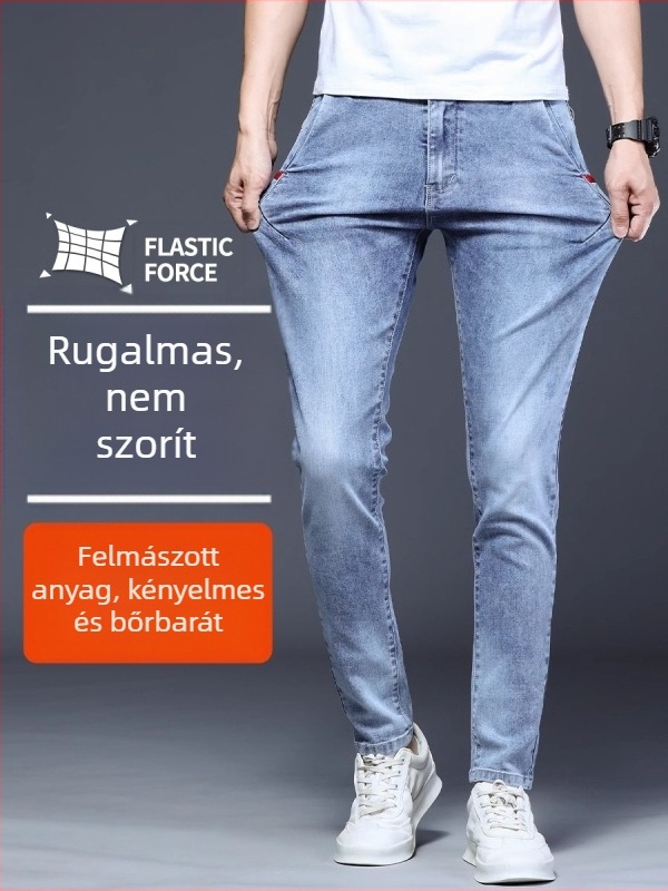 Férfi stretch farmernadrág, középtalpú derekú, egyenes szárú, gombos zárás, 3D varrás