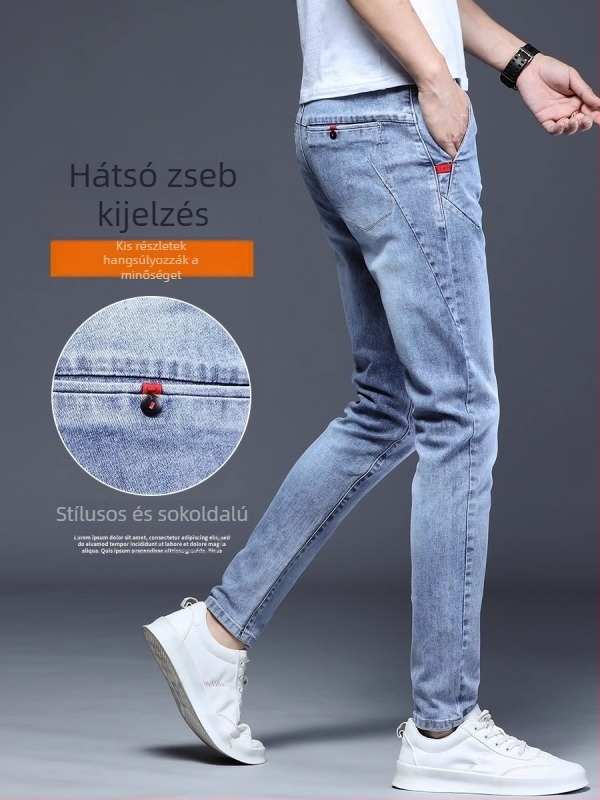 Férfi stretch farmernadrág, középtalpú derekú, egyenes szárú, gombos zárás, 3D varrás