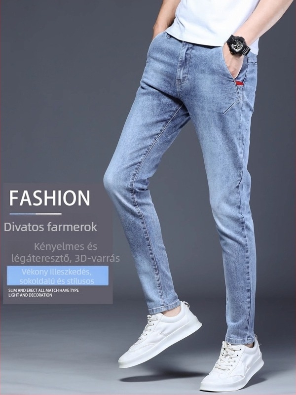 Férfi stretch farmernadrág, középtalpú derekú, egyenes szárú, gombos zárás, 3D varrás