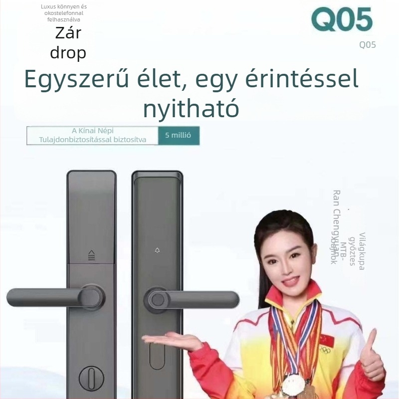Q05 Okos ajtózár — Ujjlenyomat, Jelszó és Kulcs, 50 ujjlenyomat-tároló, Olvasási idő <0,01 s, DC tápegység