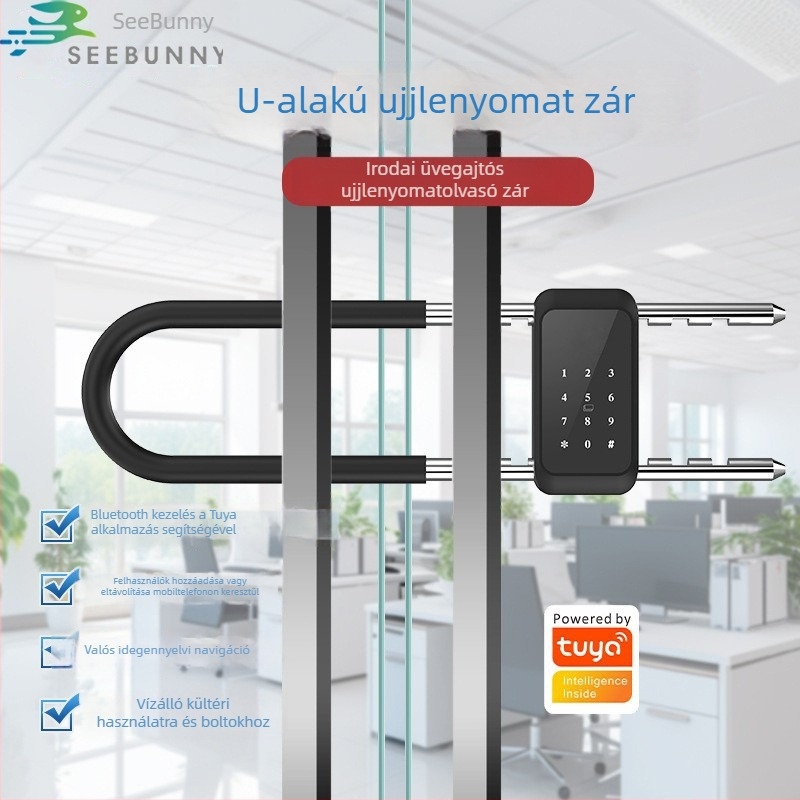 U alakú ujjlenyomat-zár üveg kirakatajtókhoz — 100 ujjlenyomat-tároló, több mint 20 000 nyitási ciklus, 0,002 s olvasási idő, akkumulátoros működés, vízálló.