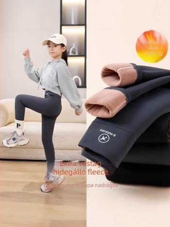 Lányoknak készült fleece-béléses, vastag téli leggings, magas derekú és elasztikus derékrész, hosszú nadrág