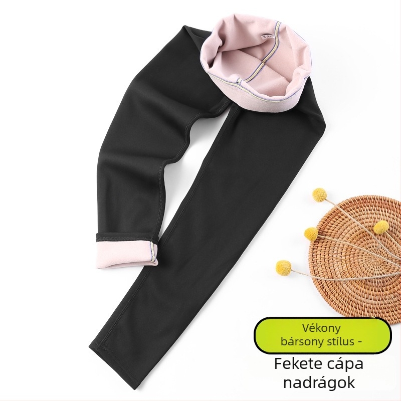 Lányoknak készült fleece-béléses, vastag téli leggings, magas derekú és elasztikus derékrész, hosszú nadrág