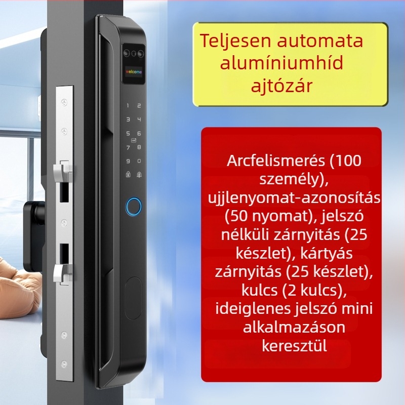 Ujjlenyomat- és arcfelismeréses ajtózár — keskeny testű alumínium zár, akkumulátoros működés, 50 ujjlenyomat tárolás, <1 s beolvasási idő, >500 000 nyitási ciklus, -20–50°C, villaajtókhoz