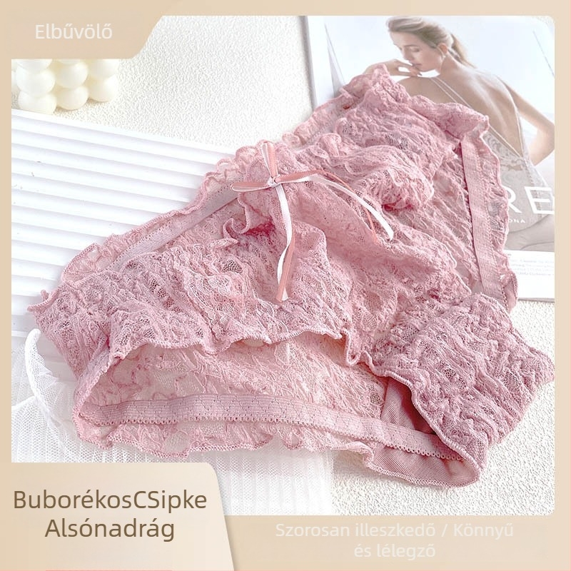 Női csipkés bugyi, lélegző, virágos mintázattal, középmagas derekú — anyag: csipke; fő összetevő 70–80% nylon; lágy rész a csúny? 95–100% pamut