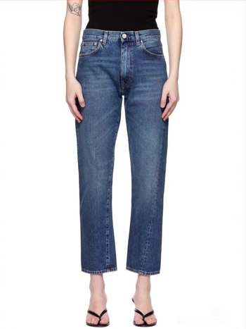 Denim pamut farmer nadrág, középső derekú, egyenes szár, patchwork stílus, distressed részletek, fő anyag 90–95%