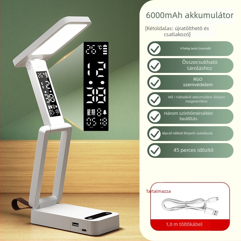 Összecsukható egyetemi asztali lámpa szemvédelemhez, USB-ellátás, érintéses kapcsoló, műanyag árnyékoló, Aa szintű megvilágítás, CRI 80–89