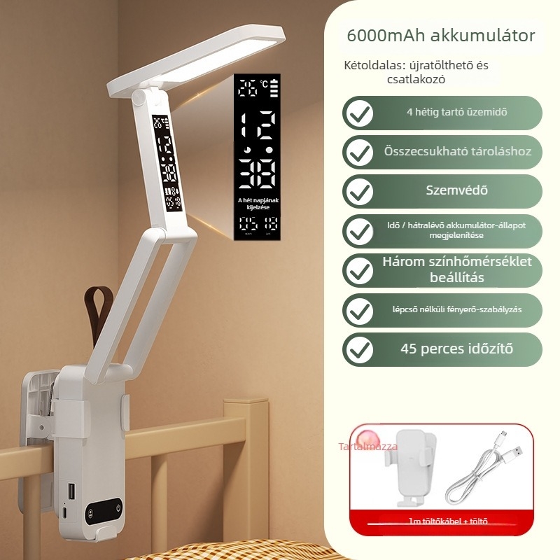 Összecsukható egyetemi asztali lámpa szemvédelemhez, USB-ellátás, érintéses kapcsoló, műanyag árnyékoló, Aa szintű megvilágítás, CRI 80–89
