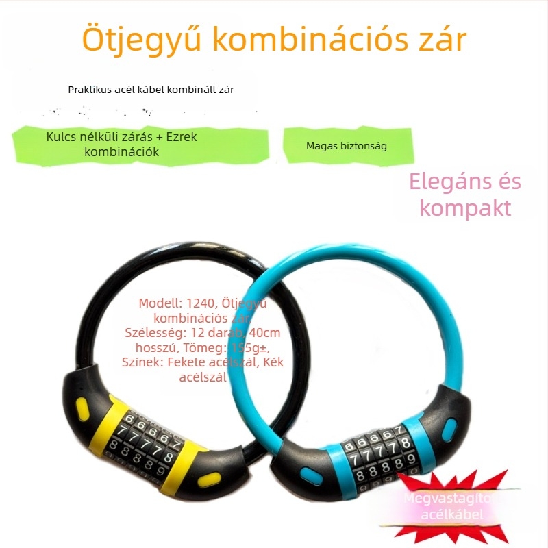Öt számjegyű biciklizár, PVC test, 170 g, modern minimalista stílus
