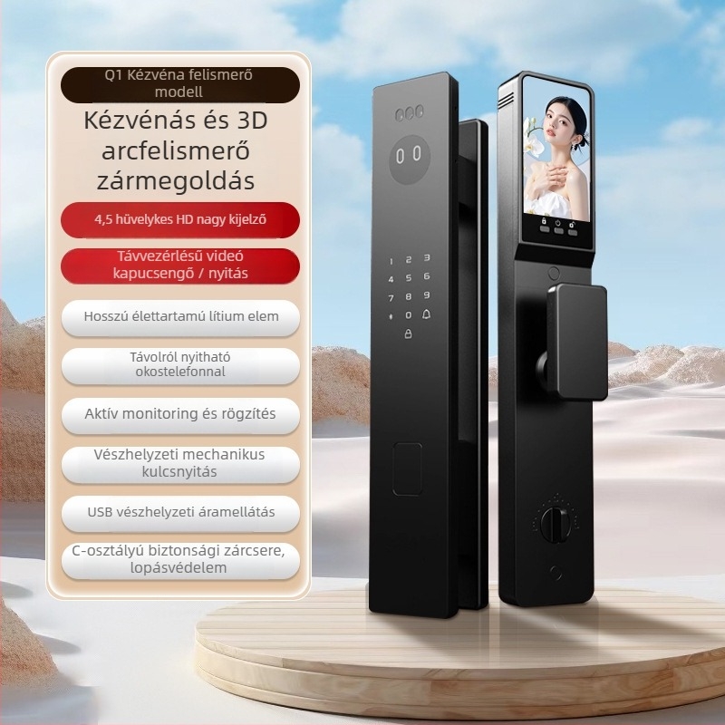 Qimen Shield Q1 okos zár ujjlenyomat, jelszó, tenyérvénás és 3D arcfelismerés – 90 ujjlenyomat-tárhely, több mint 100000 nyitás, szkennelési idő <1s, hamis felismerés <0,1%; hamis elutasítás <0,1%