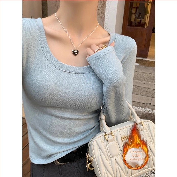 Női karcsúsított hosszú ujjú felső U-nyakkal, fleece bélés, 92% rayon, 8% spandex, rövid szabású