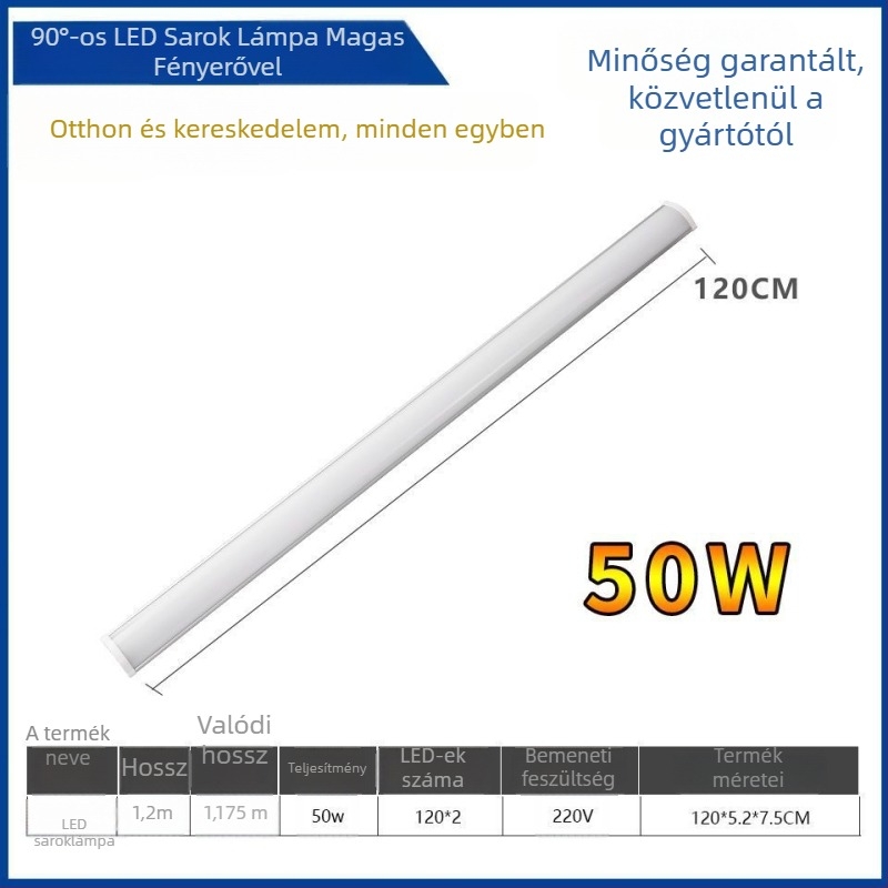 LED 90°-os sarkú falikar rejtett LED-szalaggal, hosszú sarokvilágítás, T8 nappali fénycső tartóval, 40–50W, IP55, CRI 90–100, alumíniumötvözet