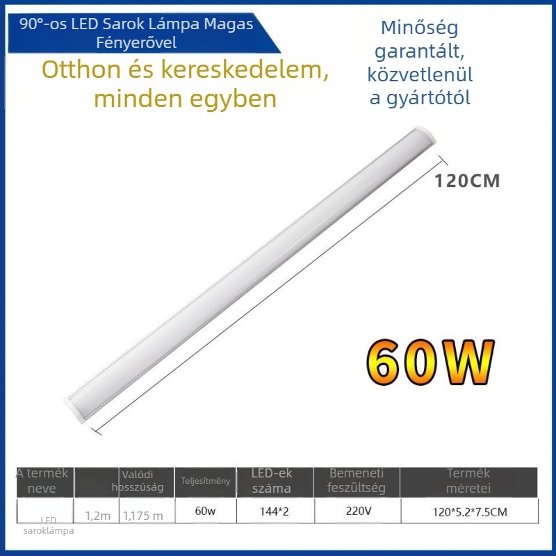 LED 90°-os sarkú falikar rejtett LED-szalaggal, hosszú sarokvilágítás, T8 nappali fénycső tartóval, 40–50W, IP55, CRI 90–100, alumíniumötvözet