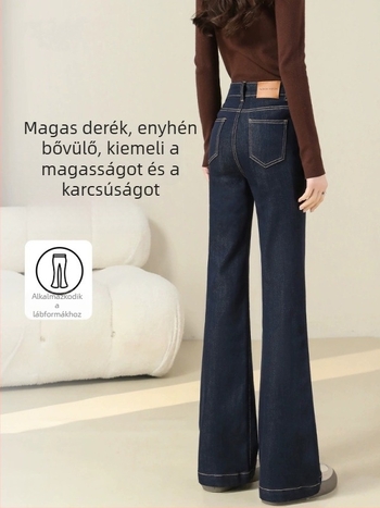 Női magas derekú enyhén kiszélesedő fazonú farmernadrág sötétkék denimben, kis méret, tavasz 2026