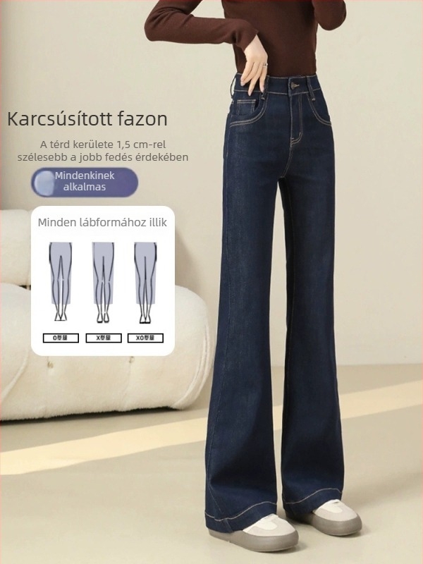 Női magas derekú enyhén kiszélesedő fazonú farmernadrág sötétkék denimben, kis méret, tavasz 2026