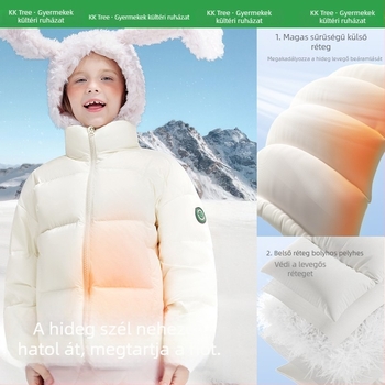 Gyerekeknek készült tollkabát 86–90% kacsa tollal, rövid fazon, álló gallér, poliészter anyag