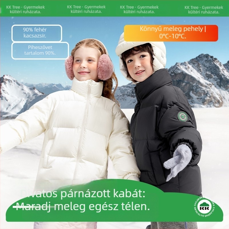 Gyerekeknek készült tollkabát 86–90% kacsa tollal, rövid fazon, álló gallér, poliészter anyag