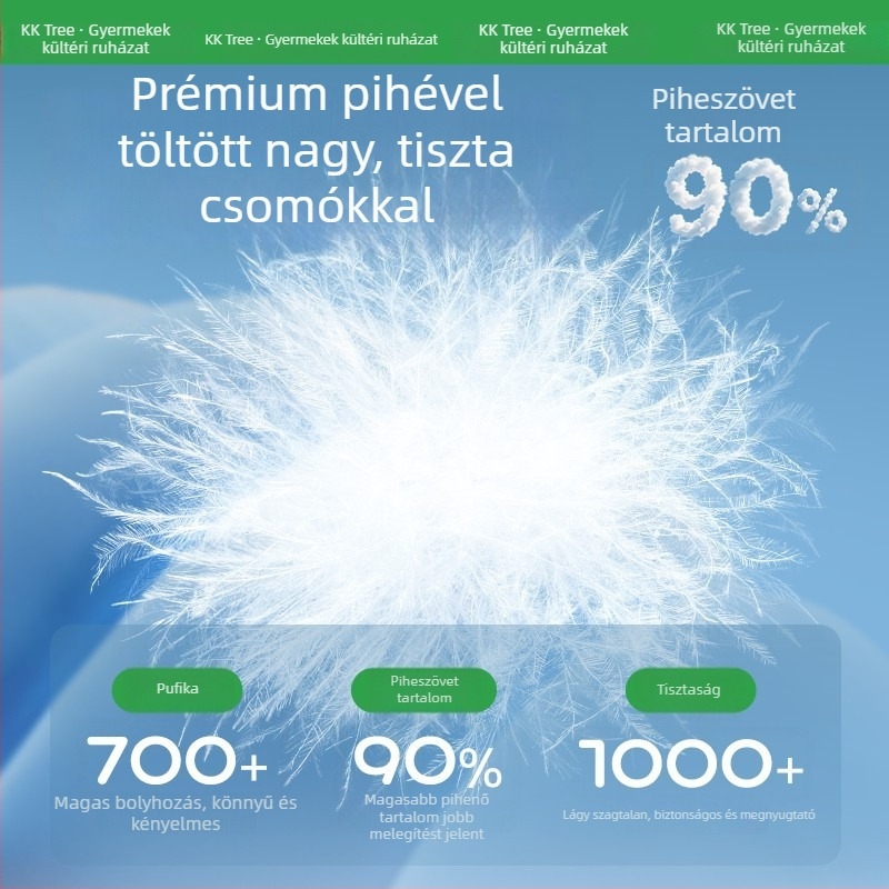 Gyerekeknek készült tollkabát 86–90% kacsa tollal, rövid fazon, álló gallér, poliészter anyag