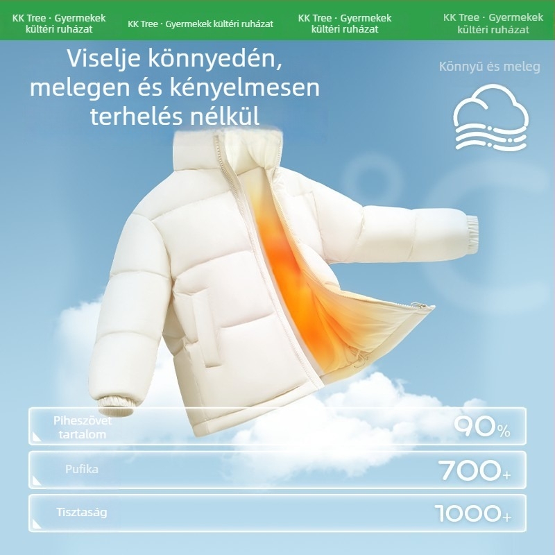 Gyerekeknek készült tollkabát 86–90% kacsa tollal, rövid fazon, álló gallér, poliészter anyag