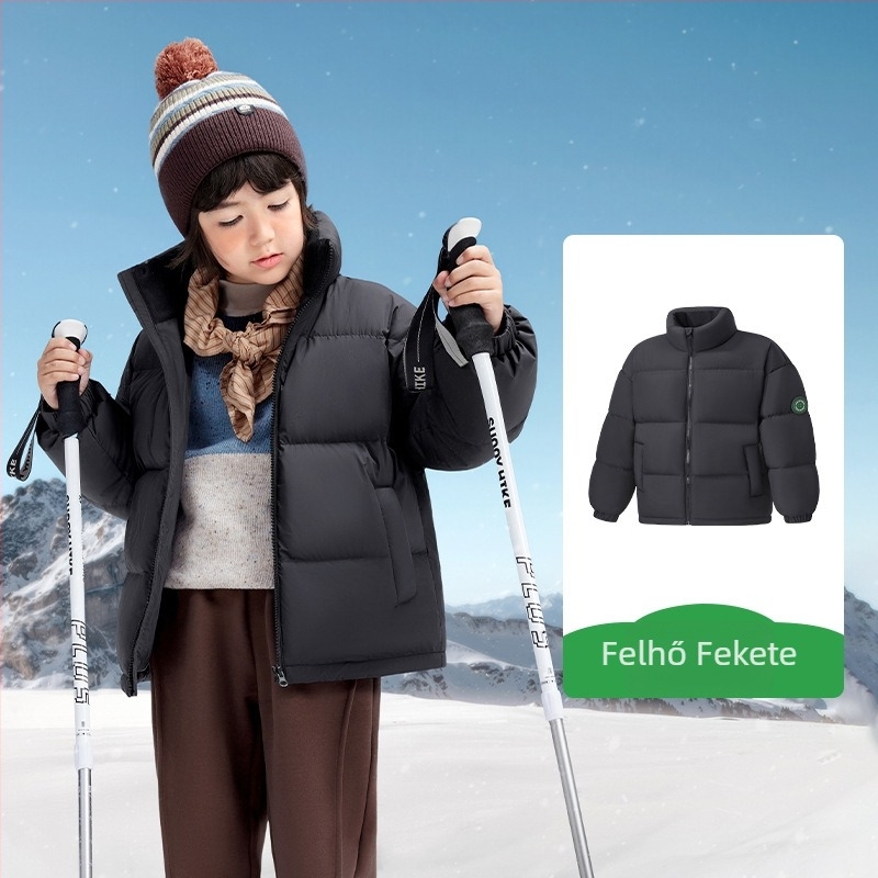 Gyerekeknek készült tollkabát 86–90% kacsa tollal, rövid fazon, álló gallér, poliészter anyag