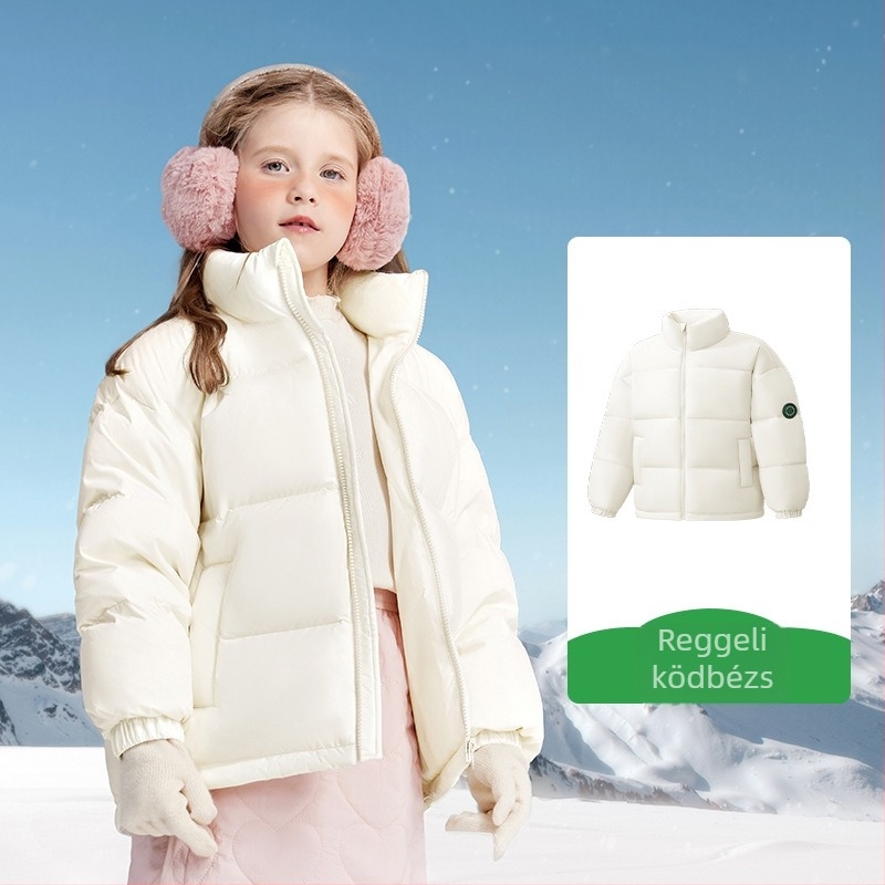 Gyerekeknek készült tollkabát 86–90% kacsa tollal, rövid fazon, álló gallér, poliészter anyag