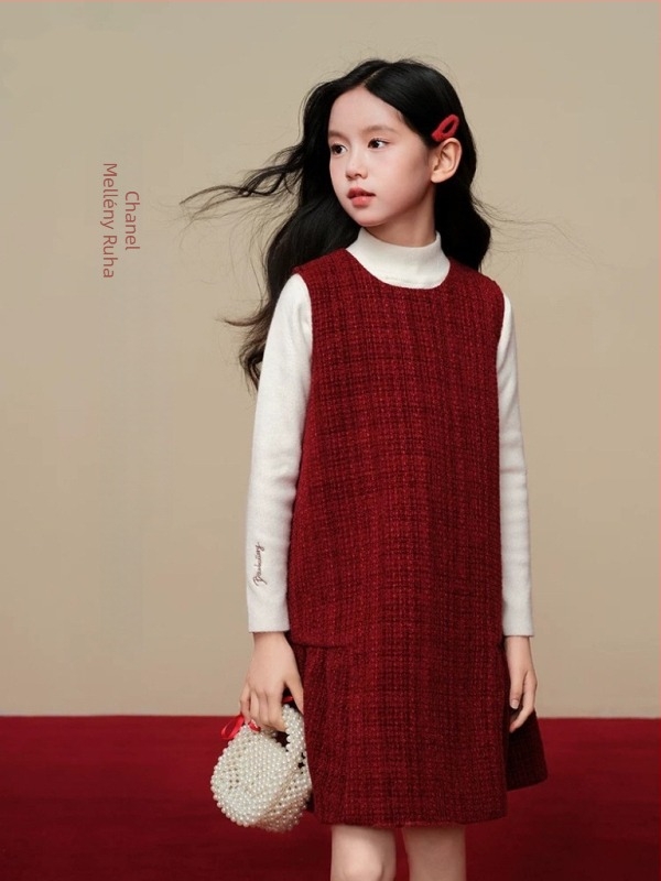 Lányok téli 2025 A-vonalú ujjatlan ruha pántokkal – hercegnő stílus, poliészter-pamut keverék