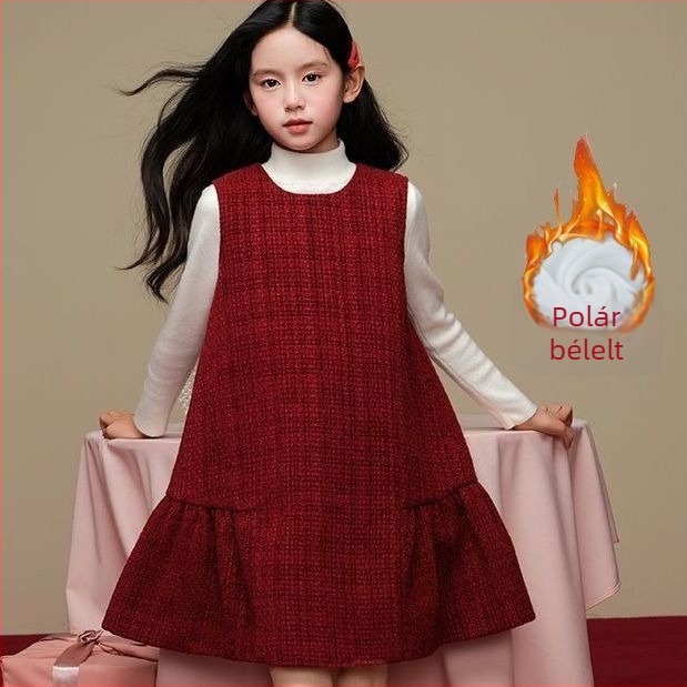 Lányok téli 2025 A-vonalú ujjatlan ruha pántokkal – hercegnő stílus, poliészter-pamut keverék