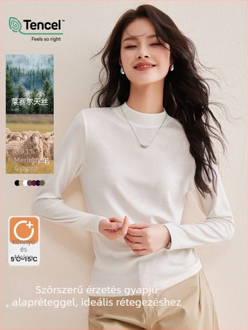 Hosszú ujjú póló gyapjú‑keverékből Lyocell 70–80%, egyszínű, közepes gallér