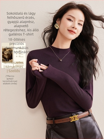 Hosszú ujjú póló gyapjú‑keverékből Lyocell 70–80%, egyszínű, közepes gallér